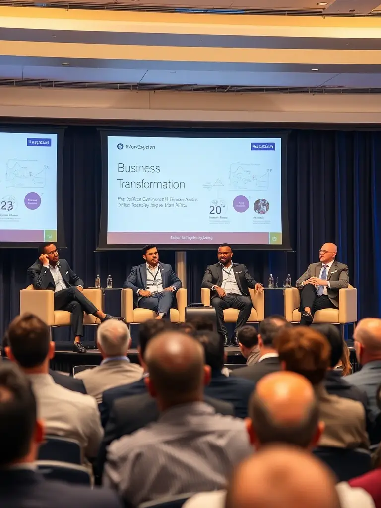 An inspiring image of a panel discussion at a business conference in Pretoria, South Africa, with industry experts sharing insights on business transformation trends.