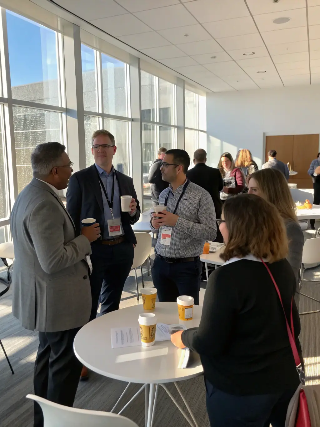 A candid photo of attendees networking during a coffee break at a previous ConfusionZone conference, showcasing engagement and collaboration.