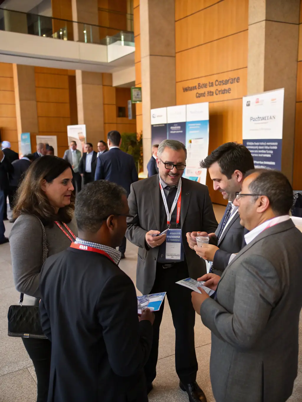 A dynamic image of a networking session at a business conference in Cape Town, South Africa, with attendees actively engaged in discussions and exchanging business cards.