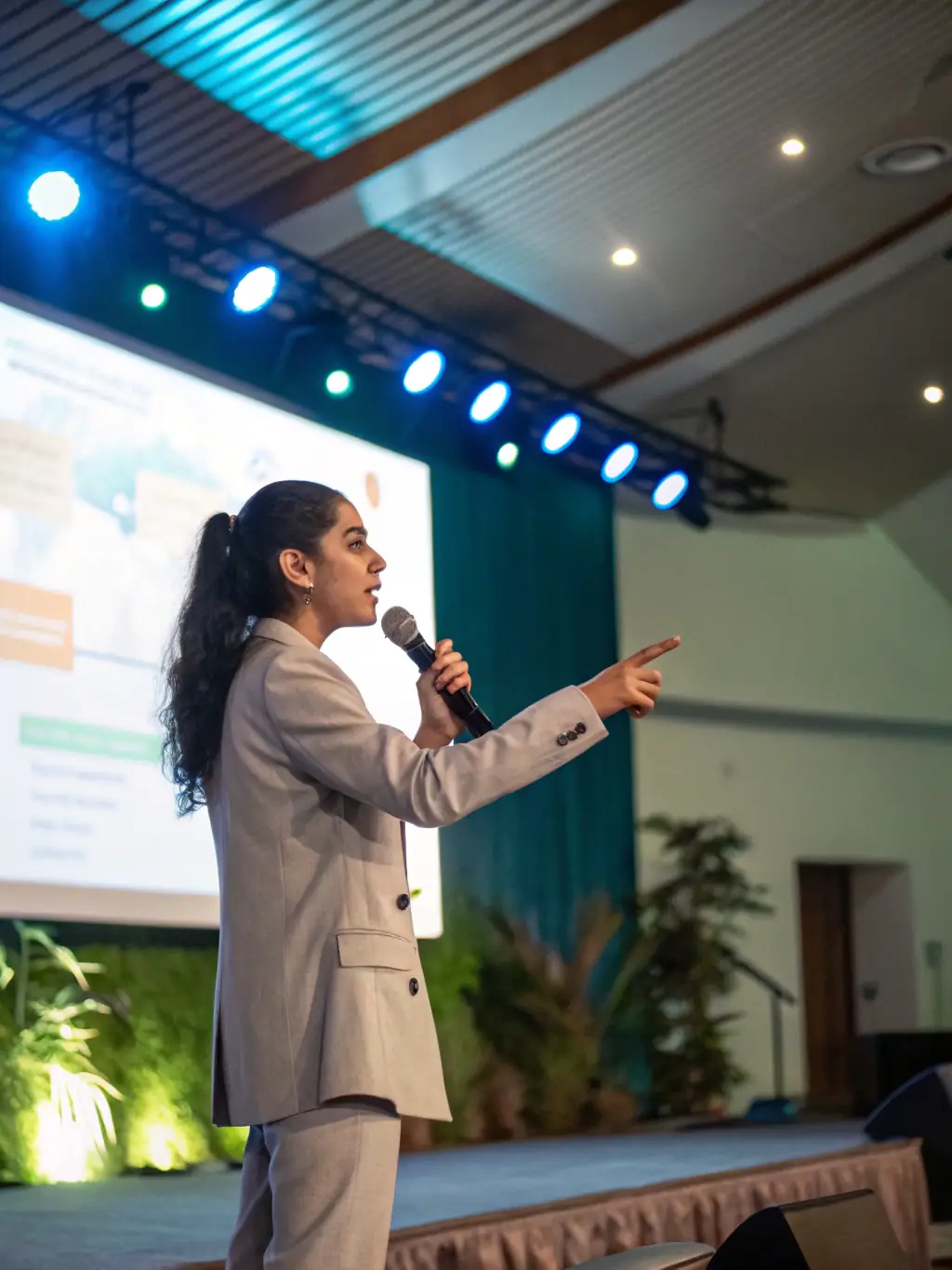 A photograph of a keynote speaker passionately addressing a large audience at a business conference in Johannesburg, South Africa, with the stage brightly lit and the company logo subtly displayed.