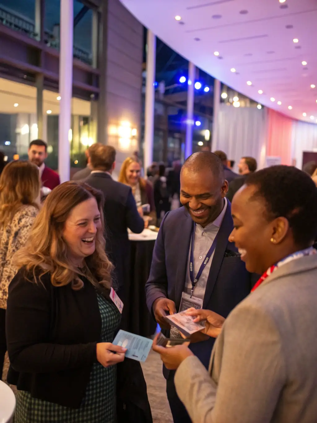 A photograph of a networking event at the conference, with attendees mingling and exchanging business cards. The background shows the Johannesburg skyline at sunset.