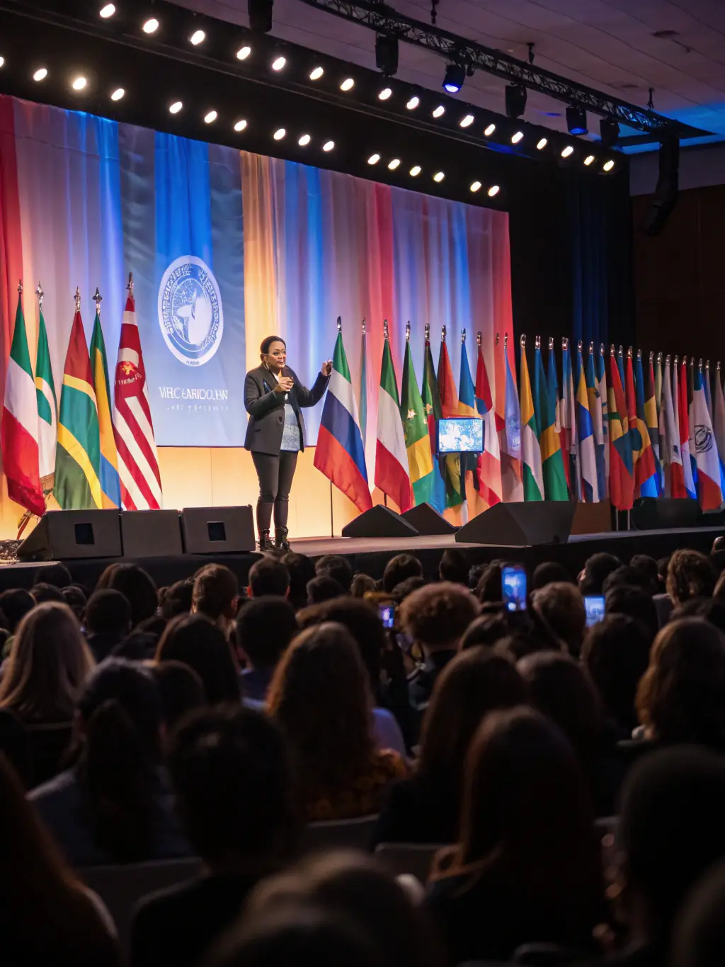 A photograph of a keynote speaker delivering a presentation on change management strategies at a business conference in Johannesburg, South Africa. The speaker is energetic and engaging, with a diverse audience listening attentively.