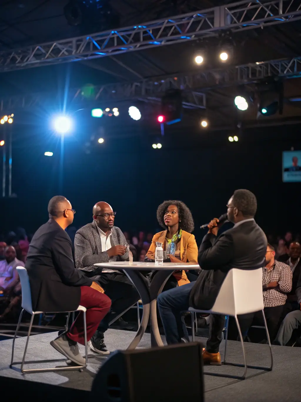 A photograph of a panel discussion featuring experts in business transformation, discussing the latest trends and challenges in the South African market. The panel is diverse and engaging.