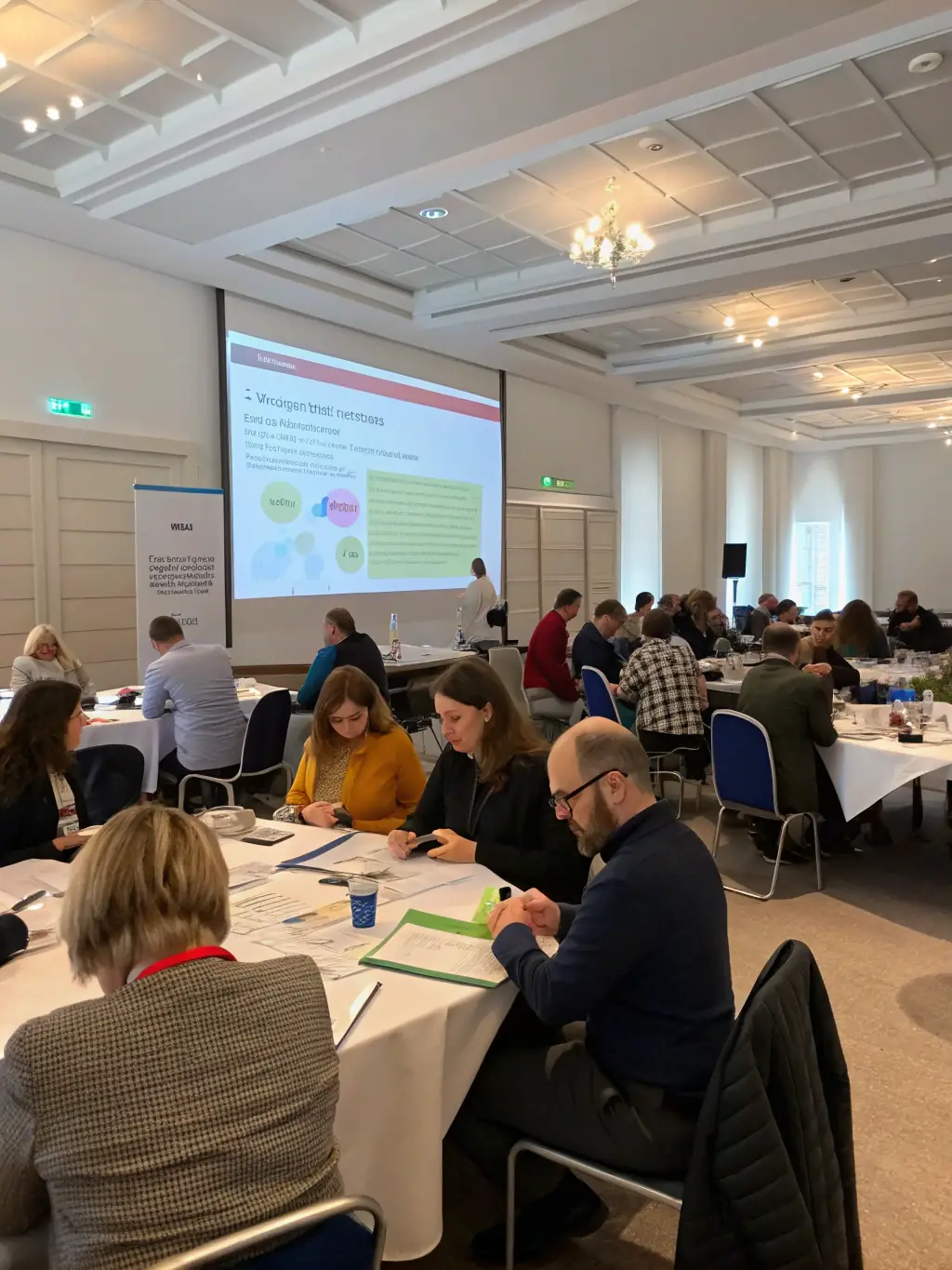 A visually appealing shot of a workshop session at a business conference in Durban, South Africa, with participants collaborating on a change management exercise.